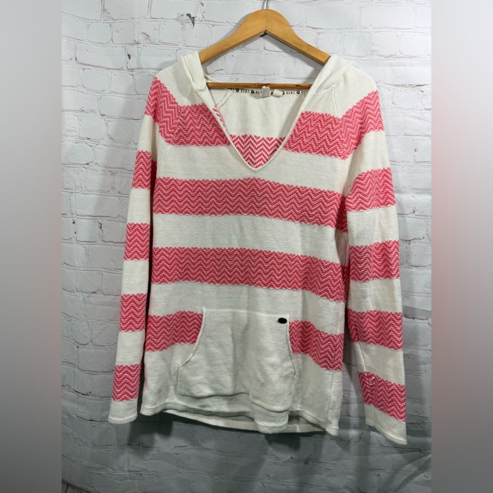 Roxy Pinky Coral & Cream Womens Size Large Striped Textured Hooded Sweater